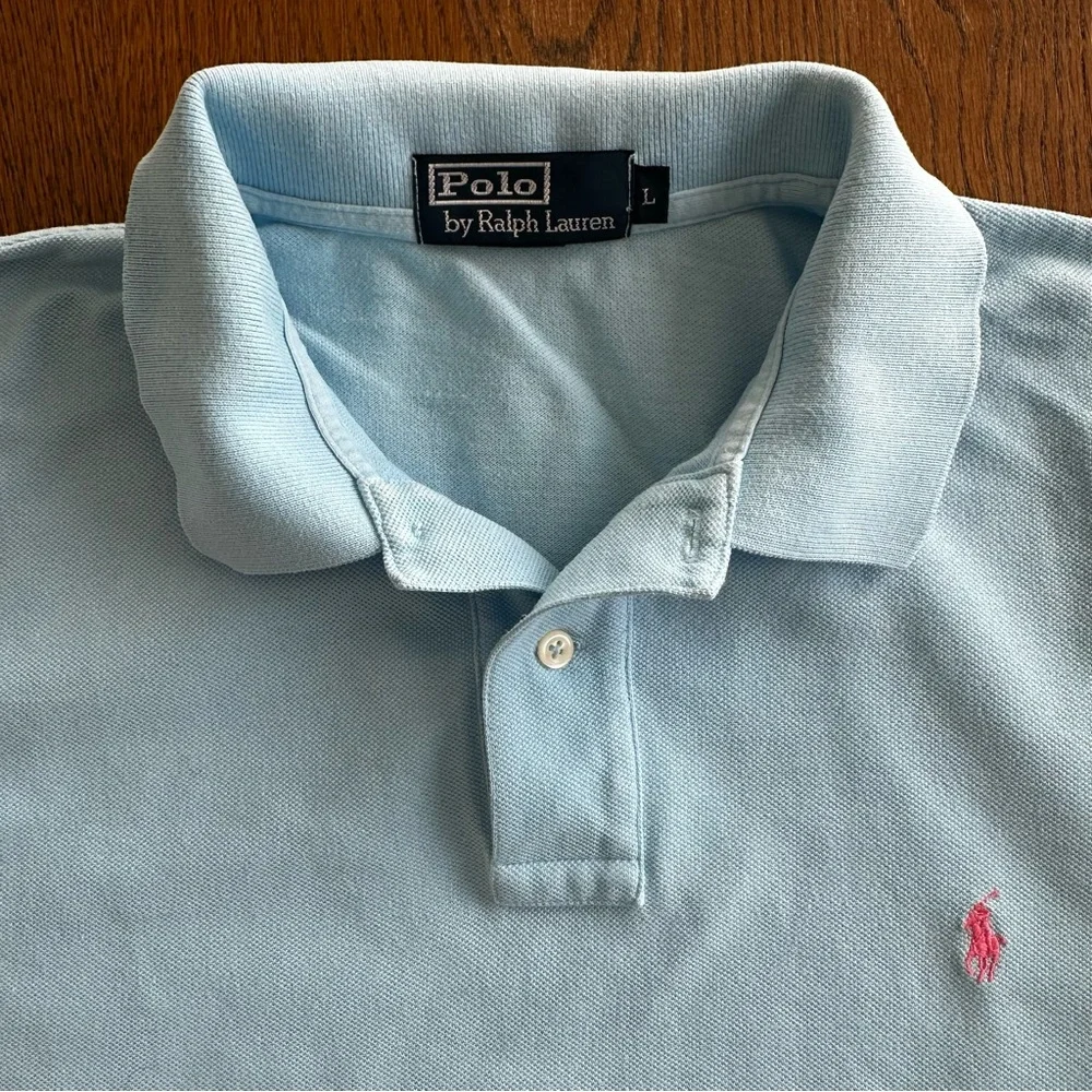 Polo Ralph Lauren Light Blue Pink Pony Short Sleeve Shirt Preppy Men’s Size L - Picture 4 of 6